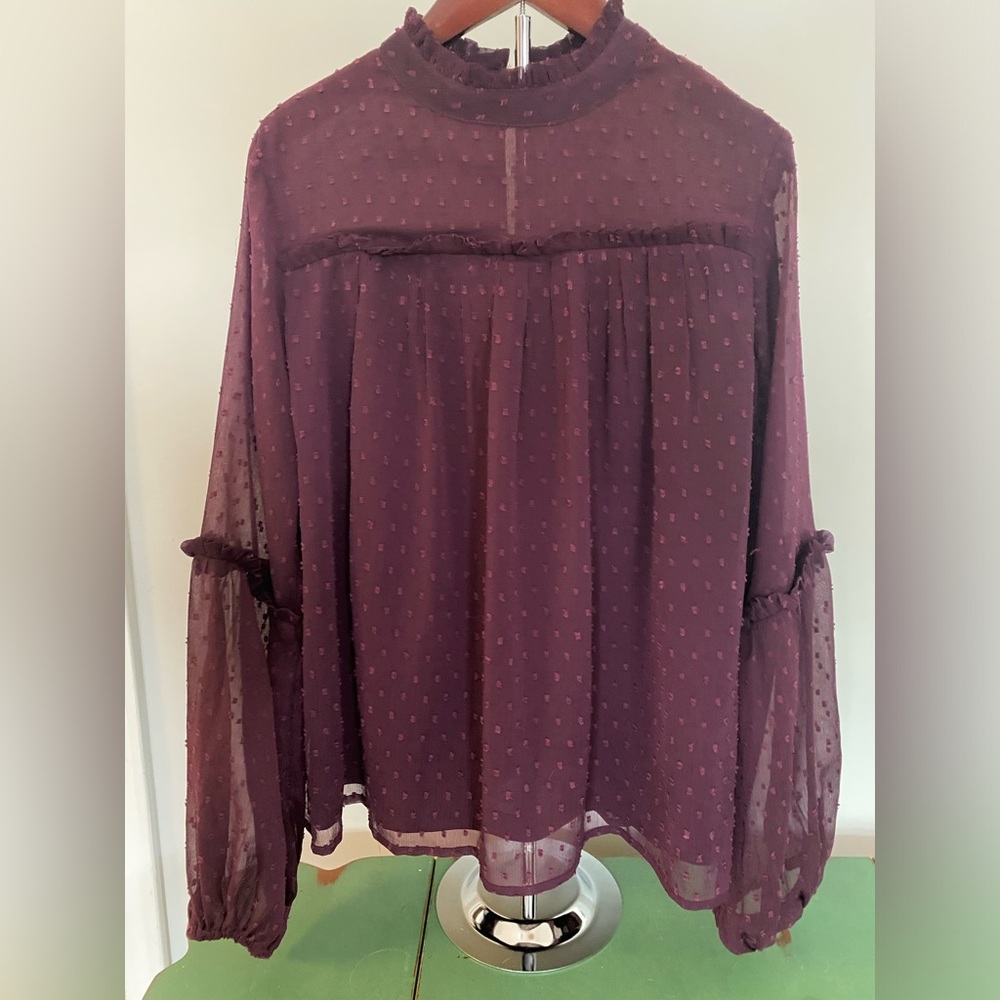 Japna New Burgundy Boho High Neck Top Blouse Lined Bodice Size M